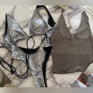 Metalic silver swimsuit and cover up